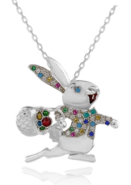 Renkli Taşlı Papyonlu Koşan Tavşan Gümüş Kolye