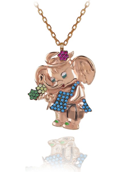 Turkuaz Taşlı Sevimli Fil Gümüş Kolye