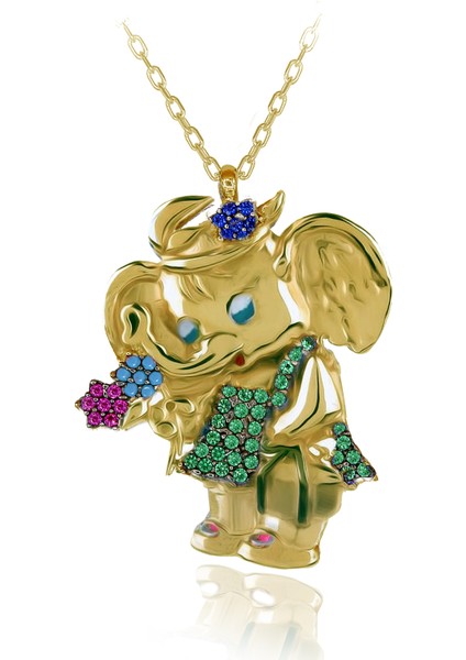 Yeşil Taşlı Sevimli Fil Gümüş Kolye