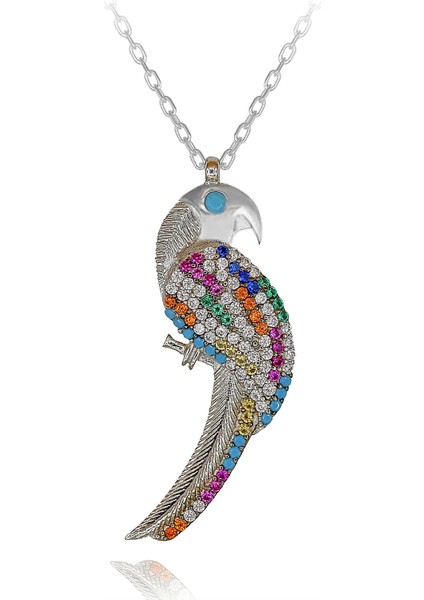 Renkli Taşlı Şirin Papağan Gümüş Kolye