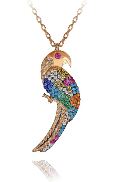 Renkli Taşlı Şirin Papağan Gümüş Kolye