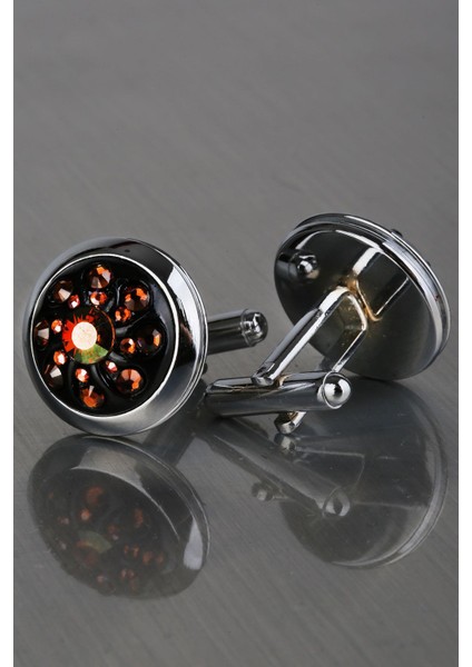 Gümüş Renk Turuncu - Pembe Taşlı Kol Düğmesi KD1234