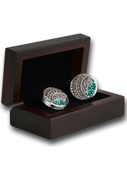 Gümüş Renk Yeşil Taşlı Kol Düğmesi KD1189