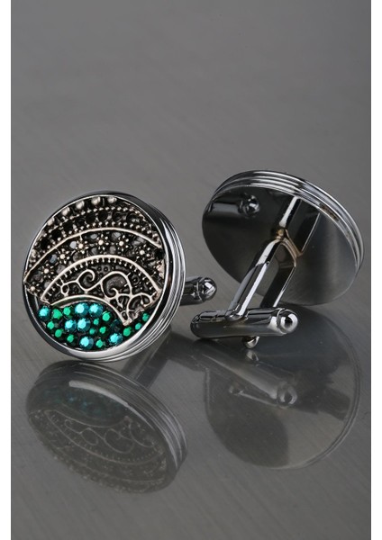 Gümüş Renk Yeşil Taşlı Kol Düğmesi KD1189 fiyatları