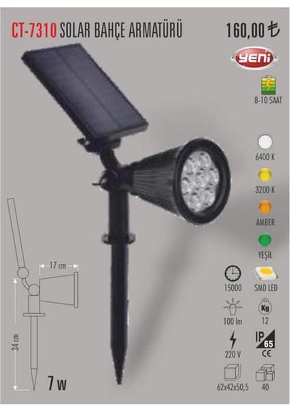 CT-7310 Solar Bahçe Armatürü 7W / Günışığı