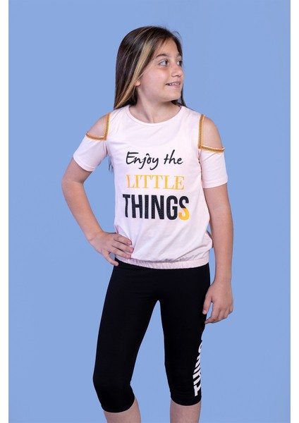 Toontoy Kız Çocuk Kolları Şerit Detaylı Baskılı Taytlı Takım