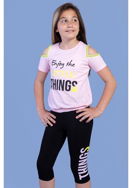 Toontoy Kız Çocuk Kolları Şerit Detaylı Baskılı Taytlı Takım