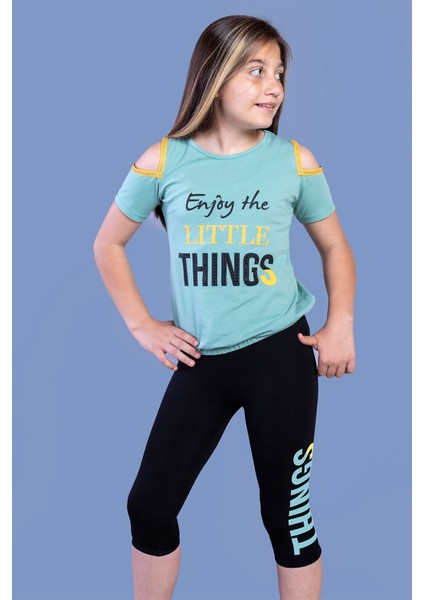 Toontoy Kız Çocuk Kolları Şerit Detaylı Baskılı Taytlı Takım