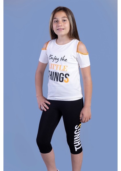 Toontoy Kız Çocuk Kolları Şerit Detaylı Baskılı Taytlı Takım