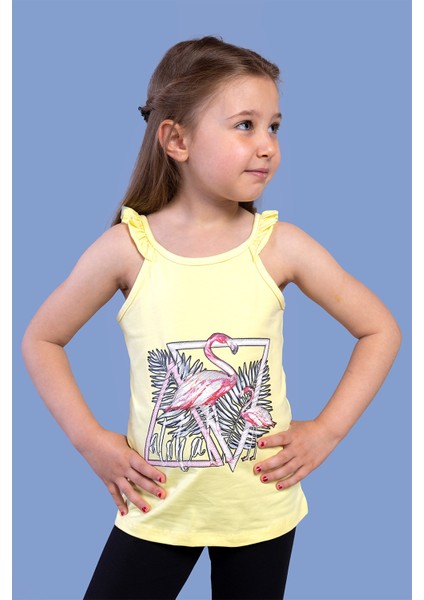 Toontoy Kız Çocuk Fırfır Detaylı Flamingo Kabartma Baskılı Atlet