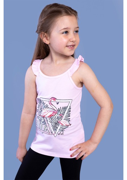Toontoy Kız Çocuk Fırfır Detaylı Flamingo Kabartma Baskılı Atlet