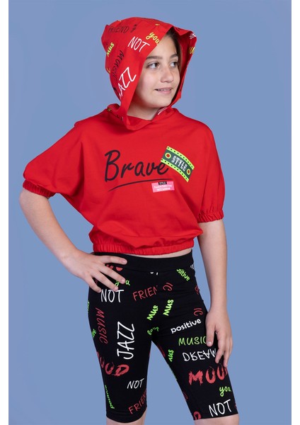 Toontoy Kız Çocuk Kapüşonlu Baskılı Biker Taytlı Takım