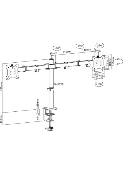 Sıkıştırmalı Ikili Monitör Tutucu 17-32", 2 x 8 kg (Maks.), Siyah