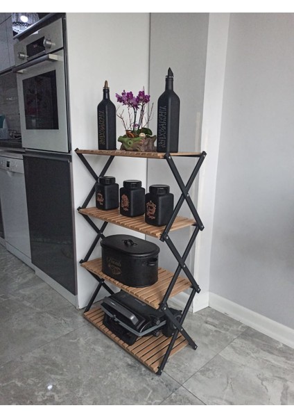 Mutfak Malzeme Dolabı Metal - Ahşap Kombinli Çok Amaçlı Organizer Raf Sistemi