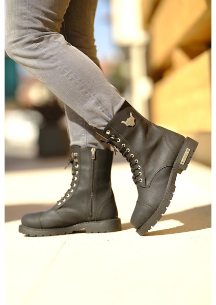 Motor Style Siyah Deri Bot Fermuarlı ve Bağcıklı Su Geçirmez Trekking Tipi Kaymaz Taban indirimleri