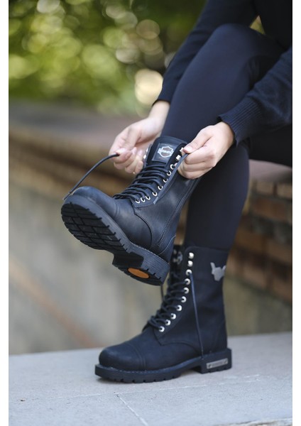 Motor Style Siyah Deri Bot Fermuarlı ve Bağcıklı Su Geçirmez Trekking Tipi Kaymaz Taban modelleri