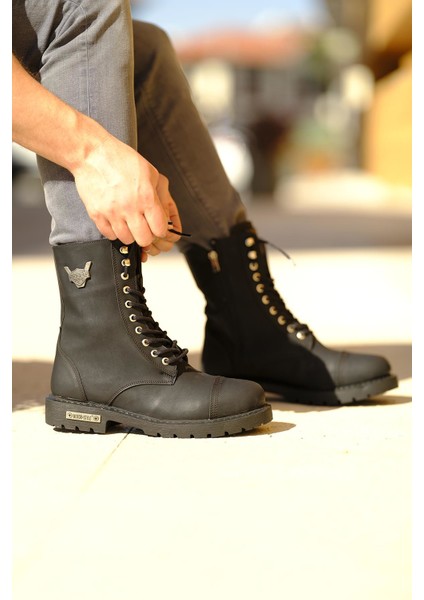 Motor Style Siyah Deri Bot Fermuarlı ve Bağcıklı Su Geçirmez Trekking Tipi Kaymaz Taban