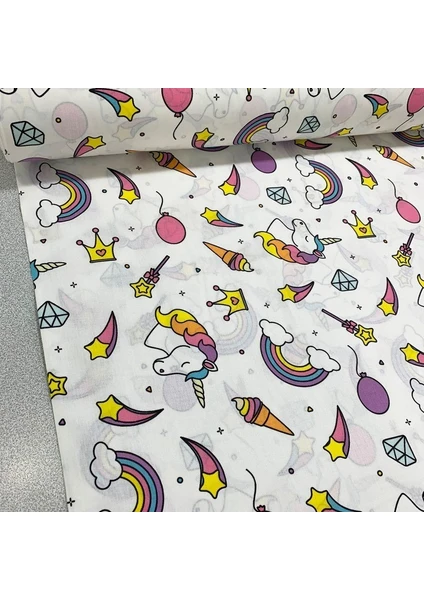 Bebek Özel 240 Santim Eninde Beyaz Zemin Unicorn Desen Poplin Kumaş