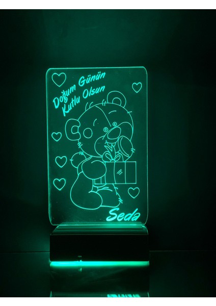 Doğum Gününe Özel Hediye 3D Ayıcık ve Kalpler Gece LED Lambası