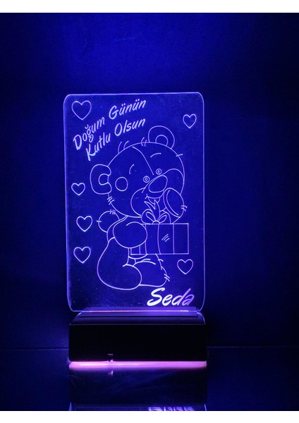 Doğum Gününe Özel Hediye 3D Ayıcık ve Kalpler Gece LED Lambası