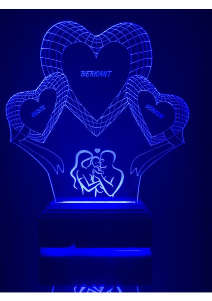 Kişiye Özel 3D 3 Kalp ve Aile 16 Renk Dekoratif LED Lamba
