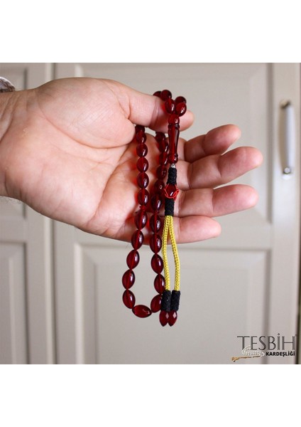 Beyzi Kesim Sıkma Kehribar Kırmızı Tesbih TSB0201