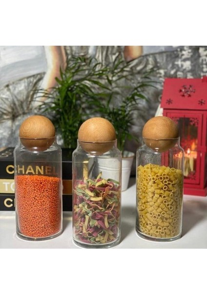 3'lü Büyük Boy Ahşap Top Kapaklı Kavanoz Seti , Saklama Kabı, Baharatlık