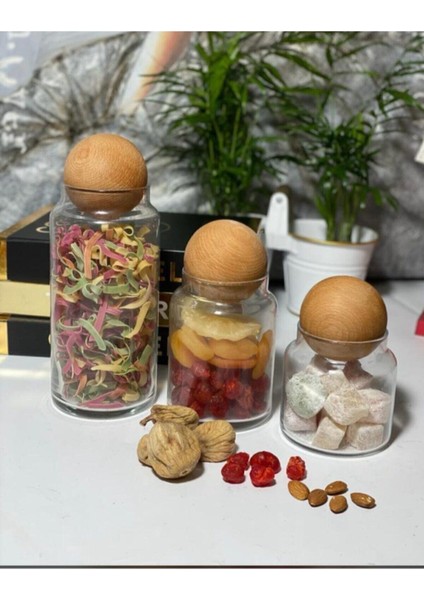 3'lü Ahşap Top Kapaklı Kavanoz Seti , Saklama Kabı, Baharatlık