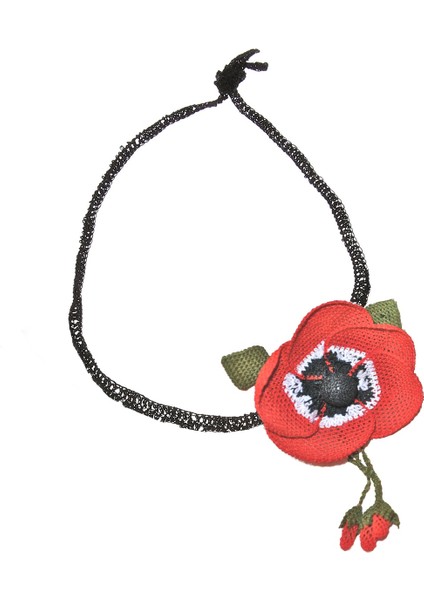 Tasma Kolye Gelincik Çiçekli Elişi Iğne Oyası 47 cm Kırmızı Beyaz-Siyah
