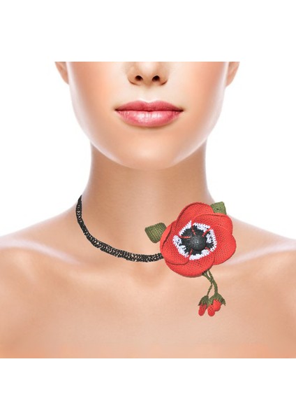Tasma Kolye Gelincik Çiçekli Elişi Iğne Oyası 47 cm Kırmızı Beyaz-Siyah fiyatları