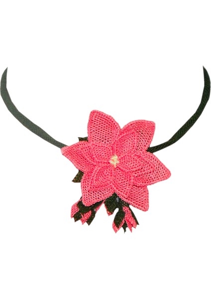 Tasma Kolye Yıldız Çiçekli Elişi Iğne Oyası 50 cm Somon-Haki