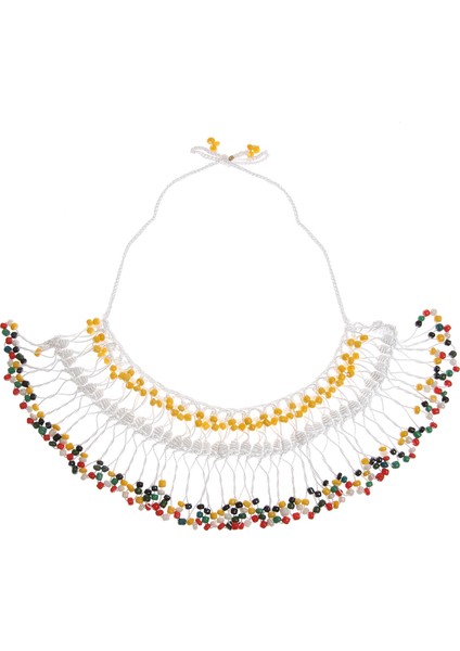 Gerdanlık Kolye Boncuk Püsküllü Elişi Tığ Işi 55 cm Renkli Beyaz