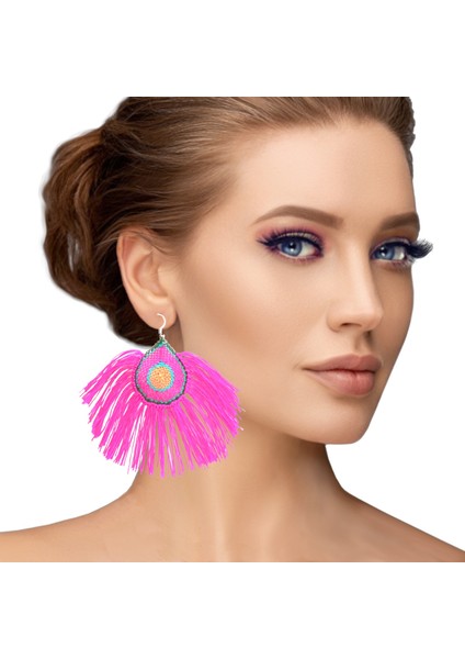 Tavus Model Küpe Elişi Iğne Oyası 5 cm Fuşya fiyatları