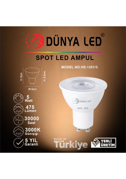 Dünya LED HS.1301/3 5W LED Spot GU10 3000K Günışığı