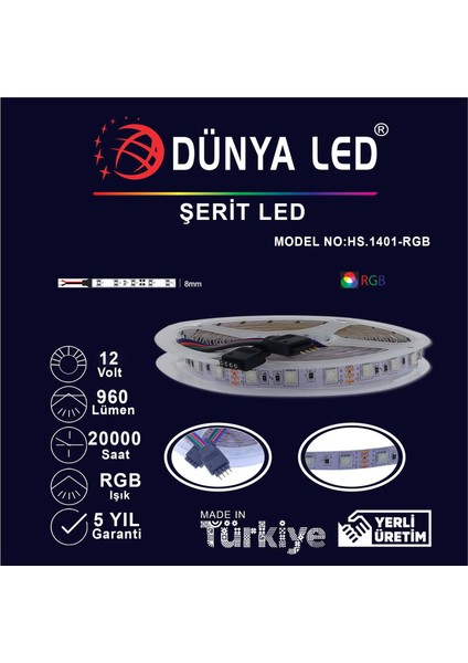 Dünya LED HS.1401-R 3 Çipli 5 Metre  Iç Mekan Rgb Şerit LED