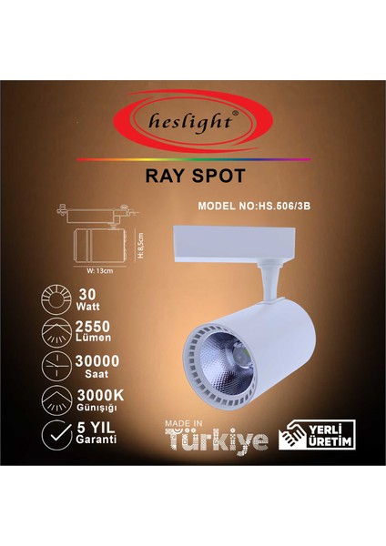 HS.506/3B 30W Cob LED Ray Spot Beyaz 3000K Günışığı