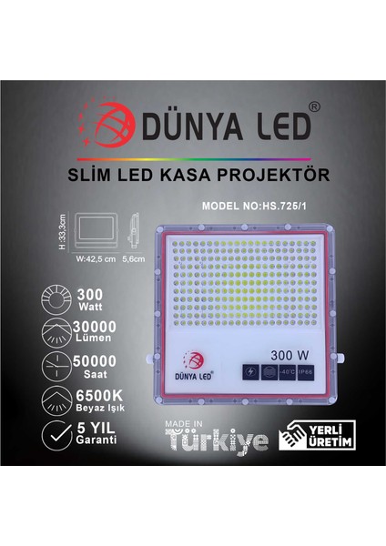 HS.725/1 300W Smd LED Slim Projektör 6500K Beyaz Işık