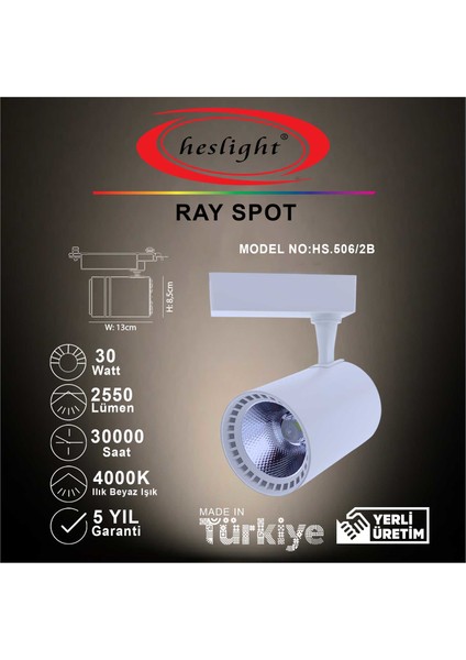 HS.506/2B 30W Cob LED Ray Spot Beyaz 4000K Ilık Beyaz Işık