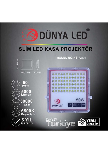 HS.721/1 50W Smd LED Slim Projektör 6500K Beyaz Işık
