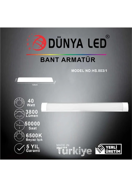 Dünya LED HS.803/1 40W LED Bant Armatür 6500K Beyaz Işık