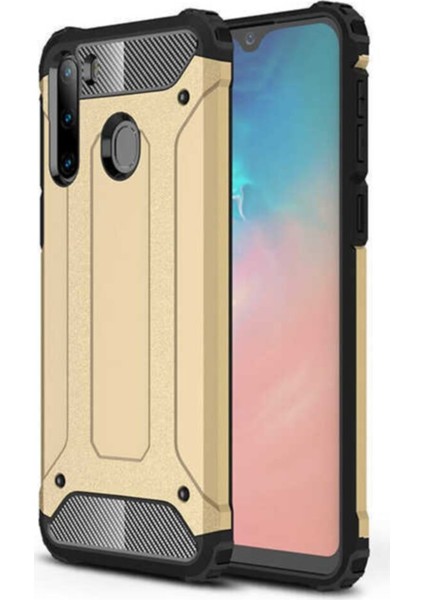 Caseworld Samsung Galaxy A21 Kapak Çift Katmanlı Zırh Tank Kılıf - Gold