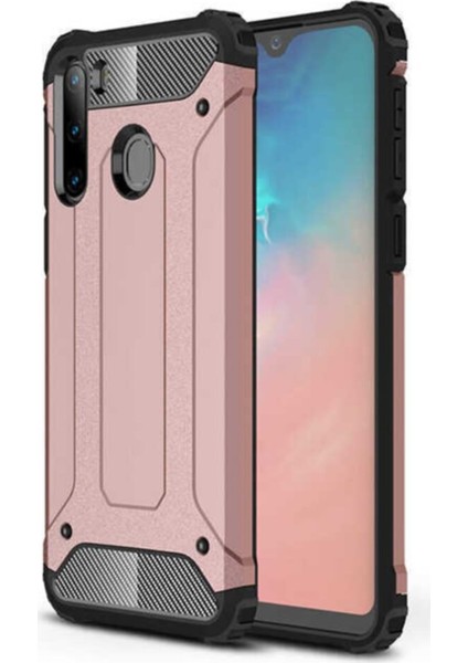 Caseworld Samsung Galaxy A21 Kapak Çift Katmanlı Zırh Tank Kılıf - Rose Gold