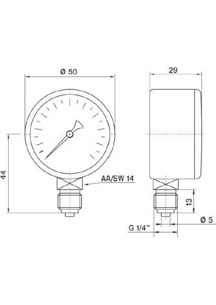 0-25 Bar 50 mm Alttan Bağlantılı Kuru Manometre G 1/4 Inç