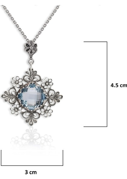 925 Ayar Gümüş Otantik El Işçiliği Telkari Doğal Sky Blue Topaz Taşlı Kadın Kolye