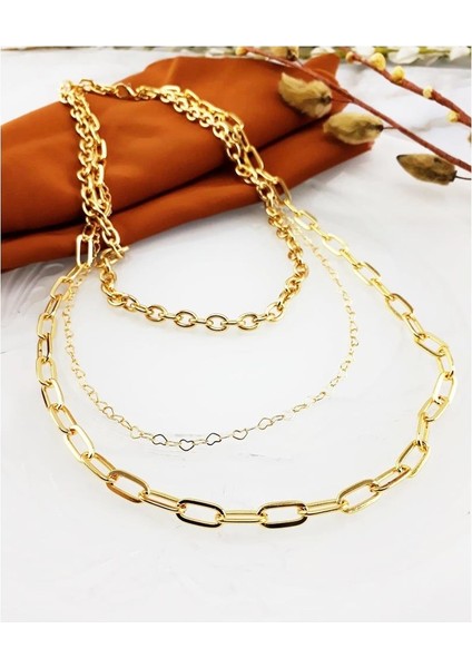 Altın Kaplama Sıralı Kalpli Zincir Kolye