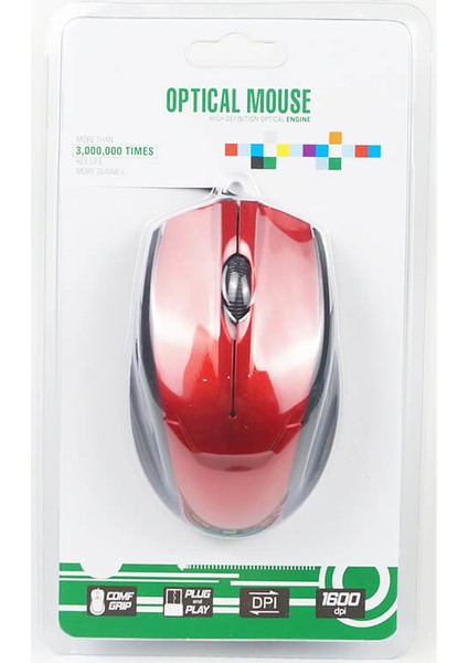 WZ-3012 Kablolu USB Optik Mouse 1600 Dpi Optic Maus Fare - Kırmızı