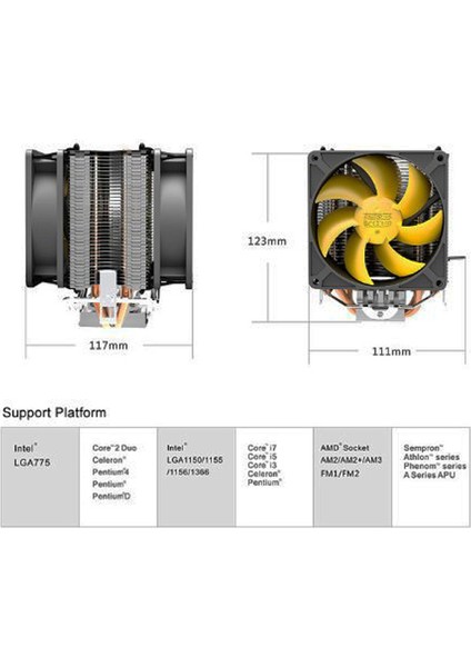 Intel 775 1155 1156 I3 I5 I7 Amd Am2 Am3 Cpu Işlemci Fanı Pc Cooler 2 x 9cm Fan