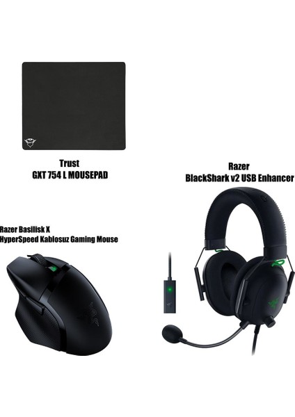 Basilisk x Hyperspeed Kablosuz Gaming Mouse + Razer Blackshark V2 USB Enhancer + Trust Gxt 754 L Mousepad