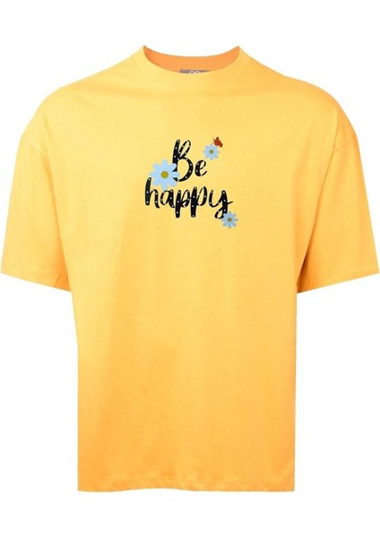 Unisex Tasarım Basic Tshirt Papatya Dataylı Be Happy Tişört