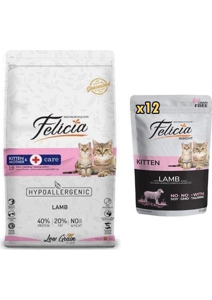 Kuzulu Yavru Kedi Maması 12 kg + Felicia Yaş Mama 85 gr x 12 Adet